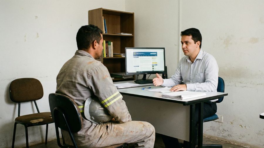 Trabalhador com uniforme de obra conversando com advogado em escritório simples sobre processo trabalhista na Justiça do Trabalho