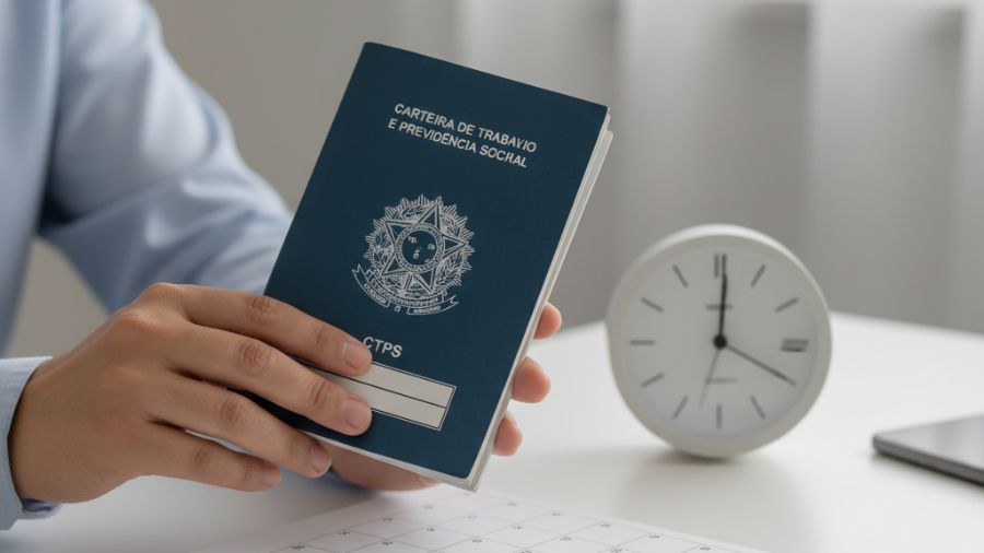 Mãos segurando carteira de trabalho ao lado de relógio e calendário, contexto de seguro-desemprego e prazos