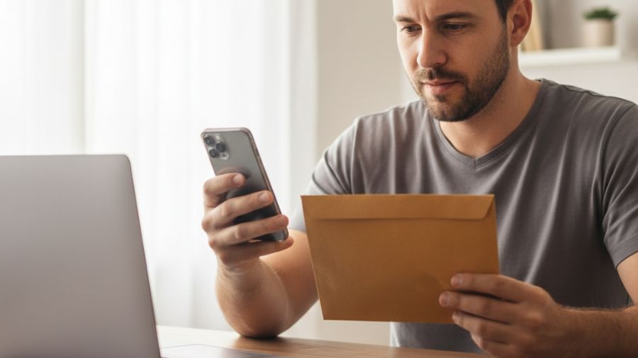 Trabalhador com envelope e celular ao lado do notebook, verificando informações de seguro-desemprego em casa.