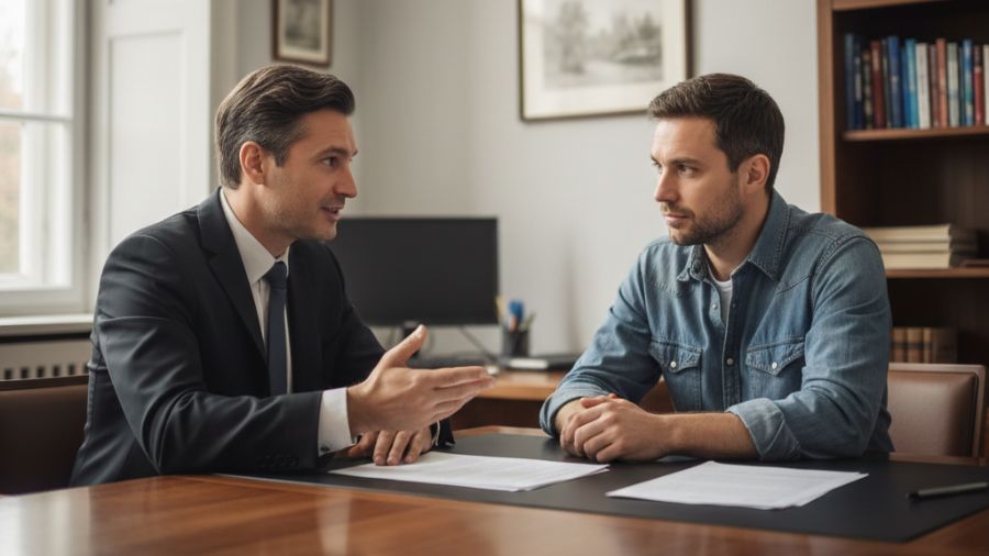 Advogado orienta trabalhador em mesa de escritório sobre seguro-desemprego e regras de solicitação