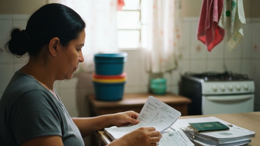 Trabalhadora doméstica sentada à mesa organizando documentos e carteira de trabalho em ambiente residencial simples