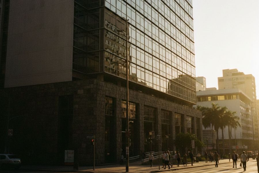Fachada do Tribunal Regional do Trabalho no Rio de Janeiro, prédio alto com janelas amplas em ambiente urbano do centro da cidade