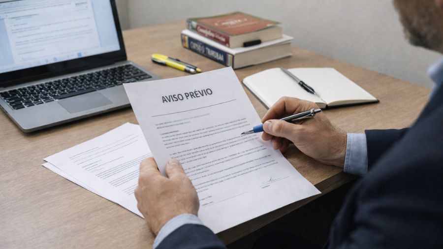 Advogado trabalhista analisando documentos de aviso prévio em escritório simples