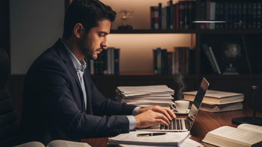 Advogado trabalhista preparando análise de documentos em escritório profissional