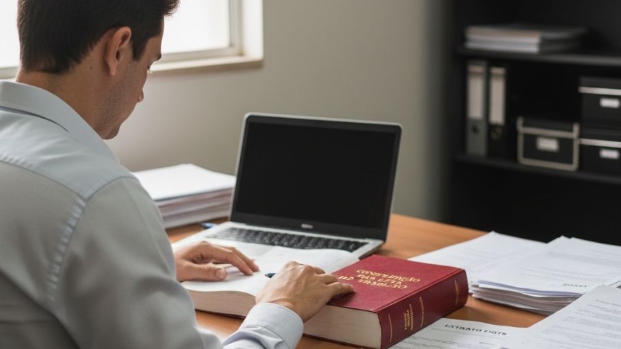 Advogado trabalhista estudando legislação e documentos sobre multa do FGTS