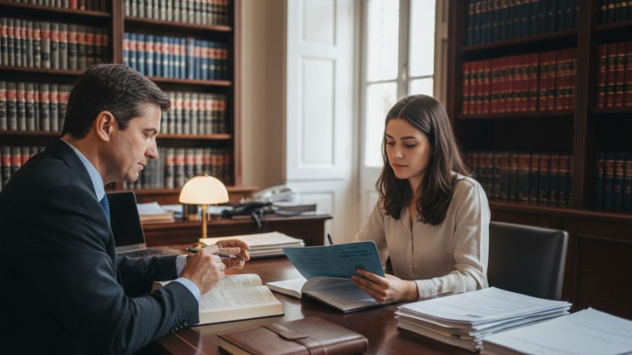 Atendimento jurídico em escritório de advocacia trabalhista com advogado e cliente sentados à mesa