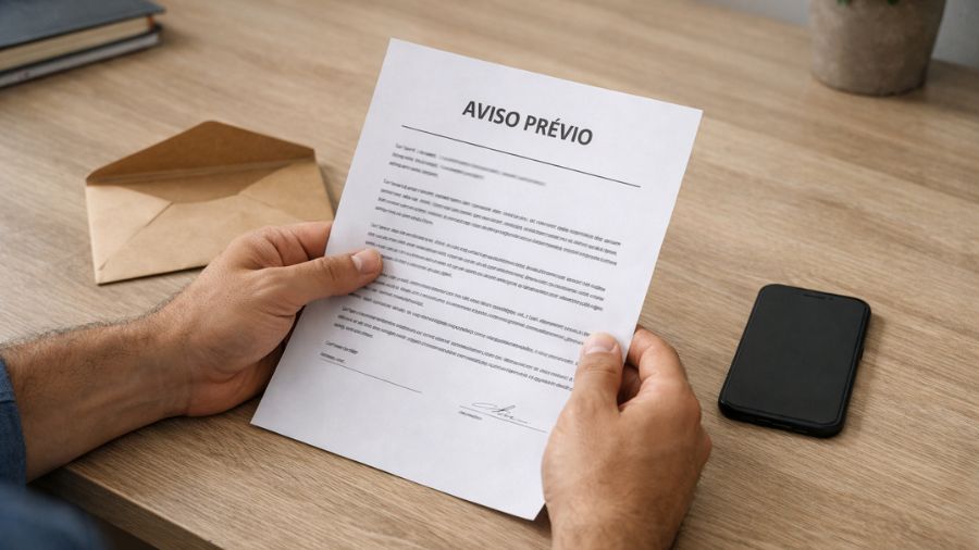 Trabalhador analisando documento de aviso prévio em mesa simples de trabalho