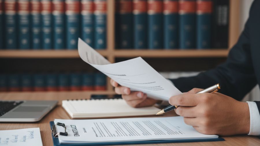 Advogado trabalhista analisa documentos e contrato em caso de demissão por justa causa em ambiente jurídico profissional