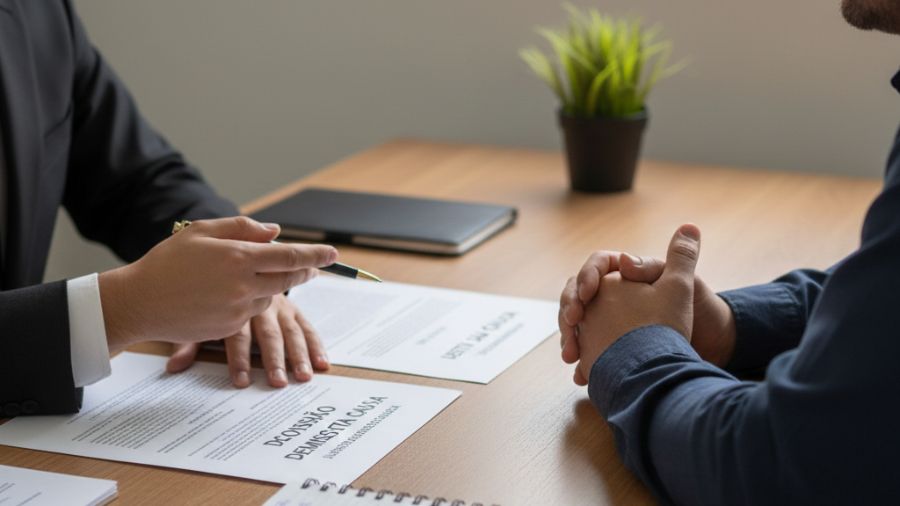 Advogado trabalhista orienta trabalhador sobre demissão sem justa causa com análise de documentos e carteira de trabalho em escritório simples