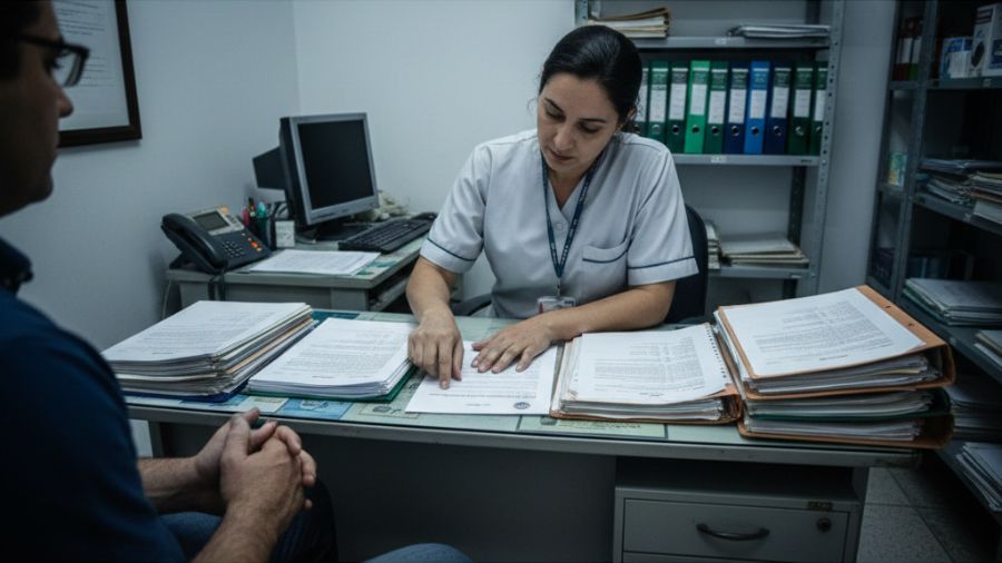 Ambiente administrativo simples com trabalhador e documentos, simbolizando limites legais da demissão