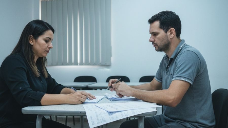 Trabalhador e setor administrativo analisando documentos de rescisão e multa do FGTS