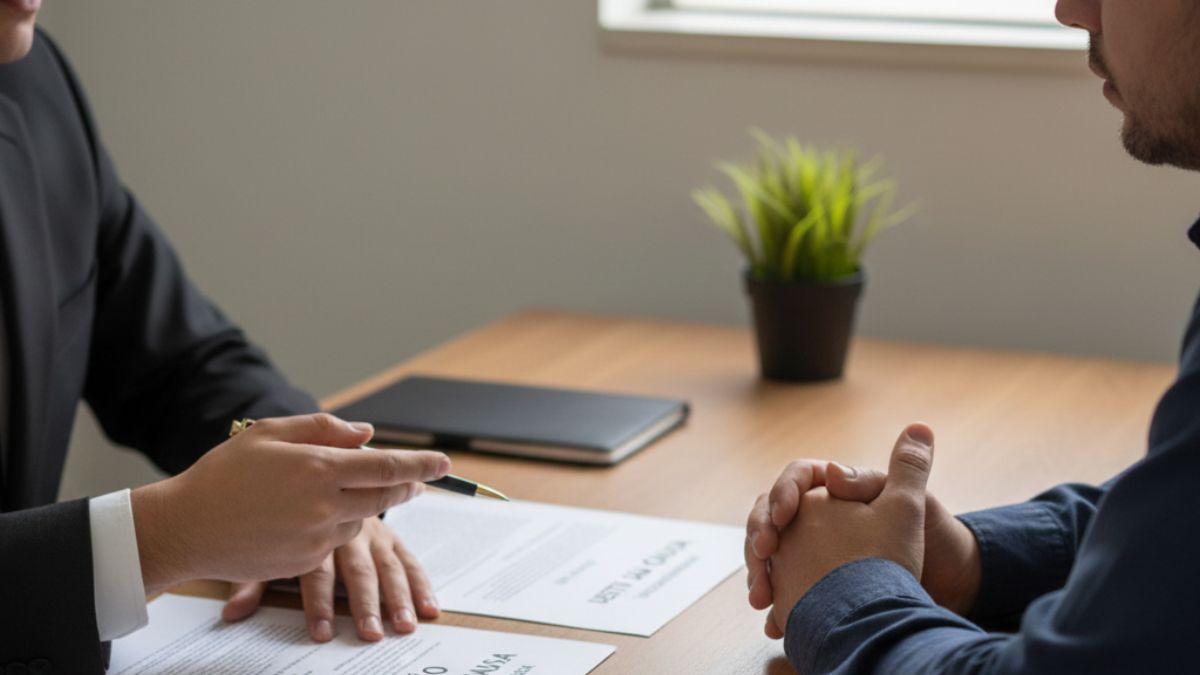 Advogado trabalhista orienta trabalhador sobre tipos de demissão com documentos e carteira de trabalho sobre a mesa