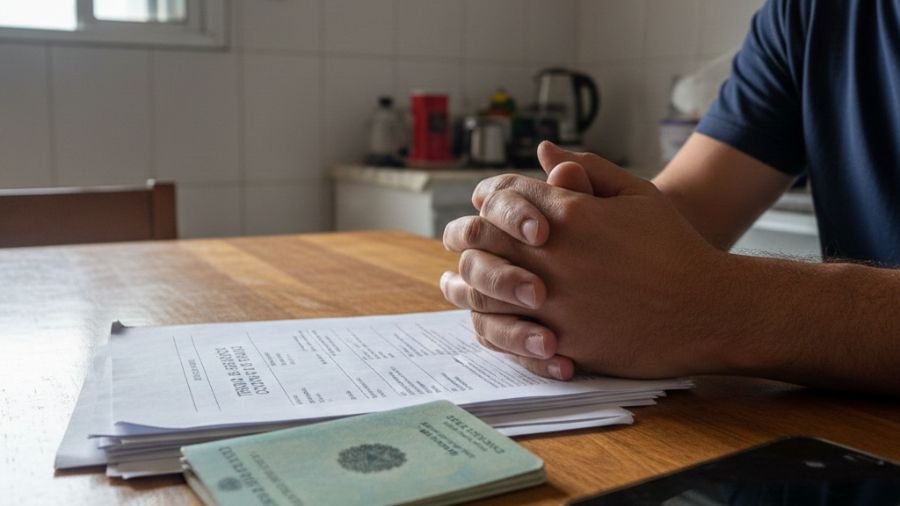 Trabalhador analisando documentos de rescisão ao pedir demissão em casa