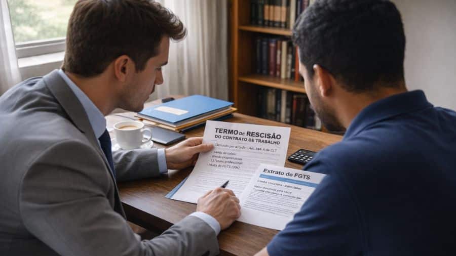 Advogado trabalhista analisa documentos de rescisão e FGTS com trabalhador em escritório simples