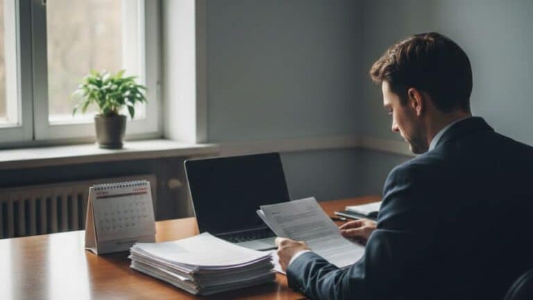 Advogado trabalhista analisando documentos e calendário em escritório simples, representando avaliação do momento do pedido de demissão.