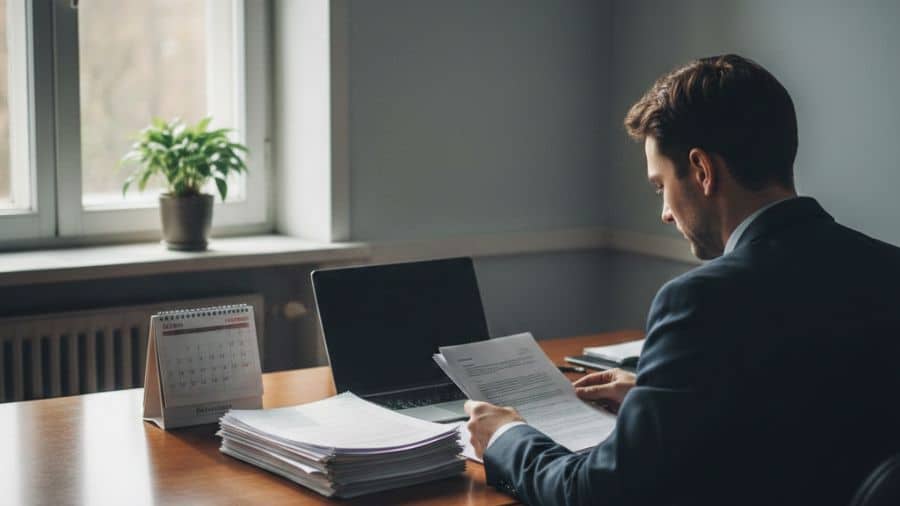 Advogado trabalhista analisando documentos e calendário em escritório simples, representando avaliação do momento do pedido de demissão.
