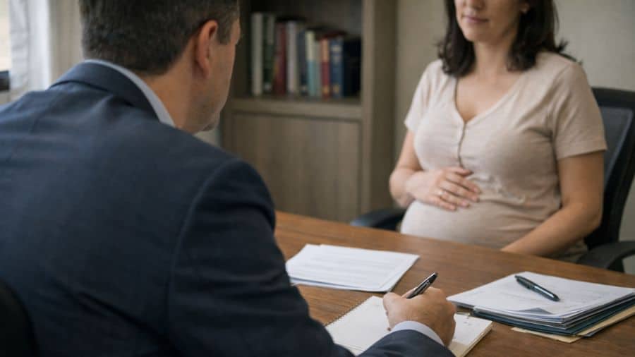 Atendimento inicial entre advogado trabalhista e gestante em ambiente simples e acolhedor