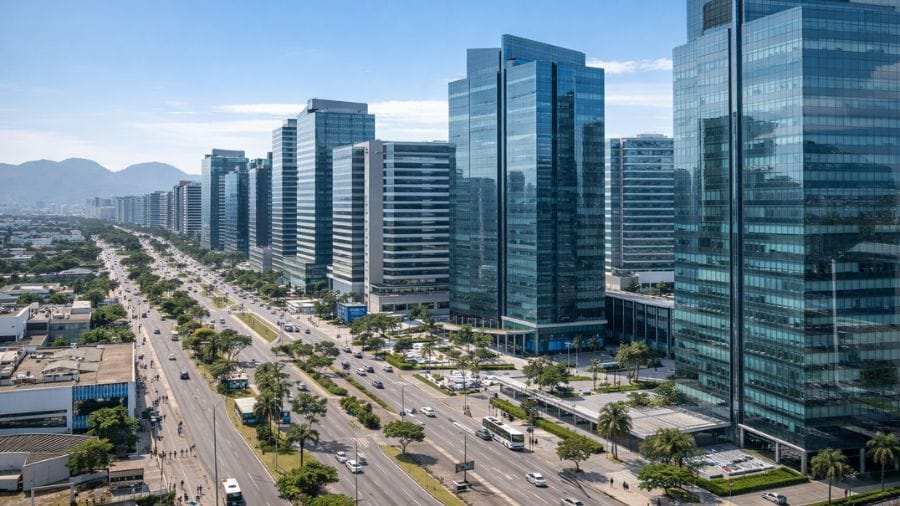 Vista aérea de prédios corporativos na Barra da Tijuca, Rio de Janeiro