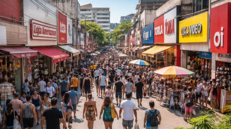 Vista ampla do comércio popular no Calçadão de Bangu durante o dia com movimento intenso