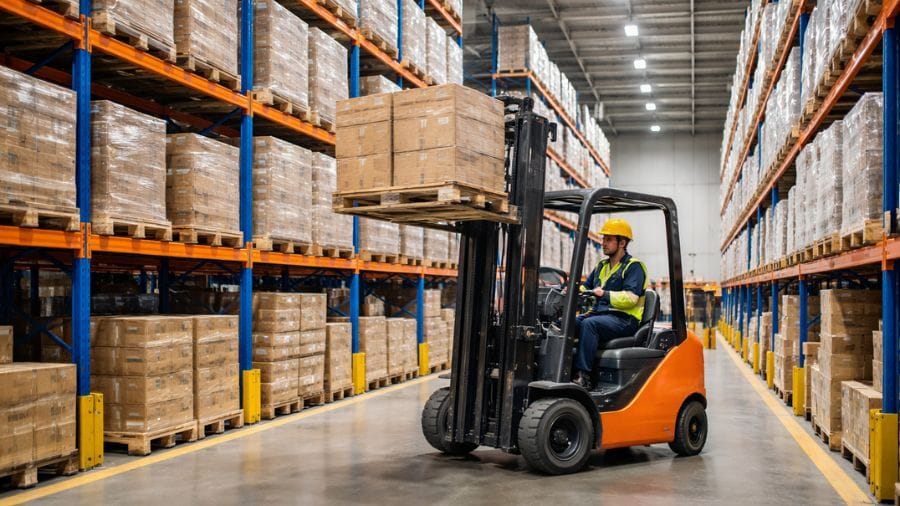 Operador de empilhadeira em centro de distribuição na Penha, Rio de Janeiro, durante movimentação de carga.