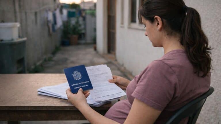 Gestante analisa carteira de trabalho e documentos após demissão em ambiente simples