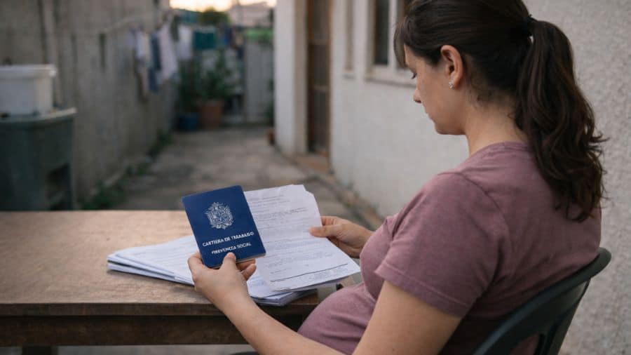 Gestante analisa carteira de trabalho e documentos após demissão em ambiente simples