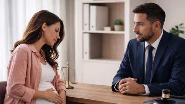 Gestante em conversa com advogado trabalhista em ambiente profissional, esclarecendo dúvidas sobre demissão e direitos durante a gravidez