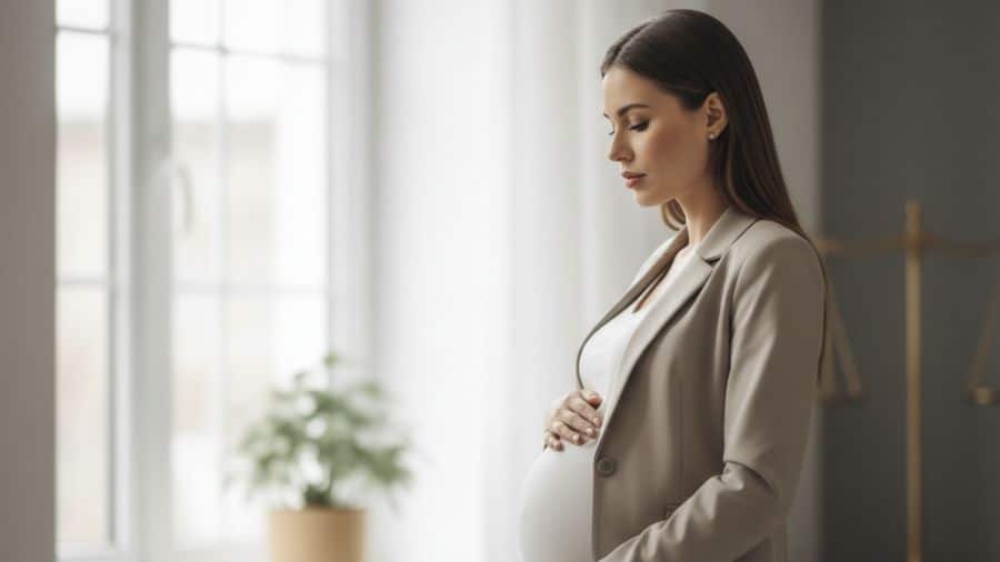 Mulher grávida em momento de reflexão, pensando sobre pedido de demissão, estabilidade e direitos trabalhistas