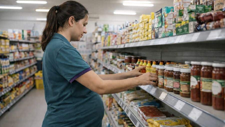 Trabalhadora gestante em supermercado simples durante rotina de trabalho no Brasil