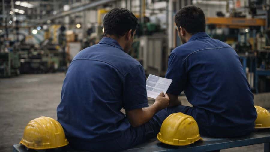 Operários de fábrica conversam durante intervalo segurando documento de rescisão por acordo