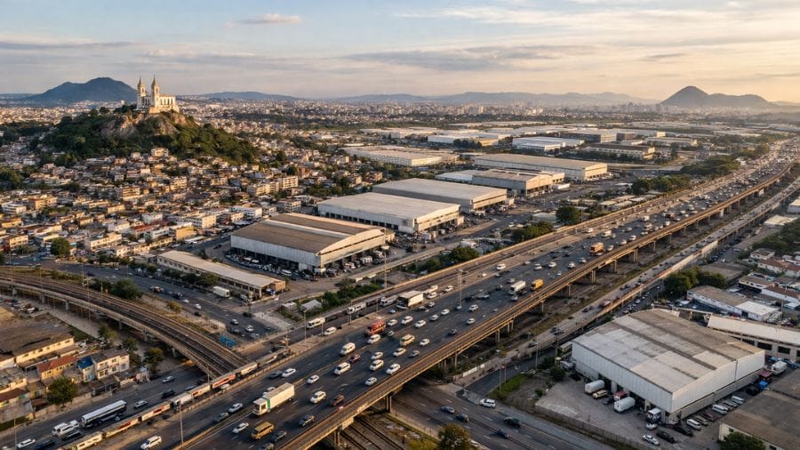 Vista aérea da Penha no Rio de Janeiro, com galpões logísticos próximos à Avenida Brasil e Linha Vermelha.