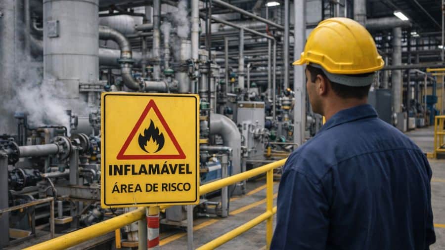 Trabalhador em área industrial com sinalização de risco em fábrica de Campo Grande