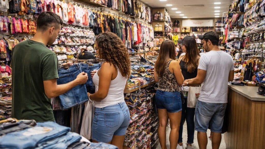 Vendedores atendendo clientes em loja popular no comércio de Bangu RJ