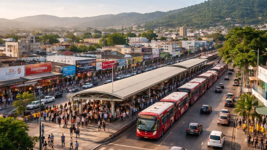Vista aérea do Terminal Campo Grande com ônibus BRT e comércio popular na região