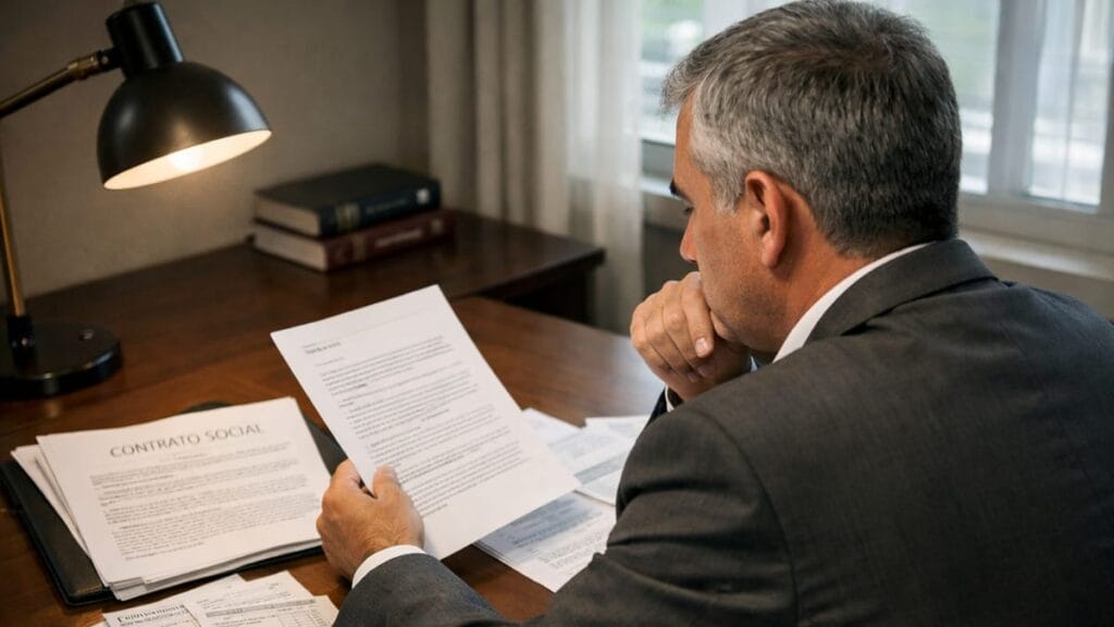 Advogado trabalhista analisa contrato e documentos de pejotização em escritório simples