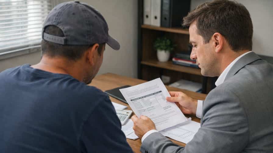 Advogado analisando documentos de dívida com trabalhador em escritório simples