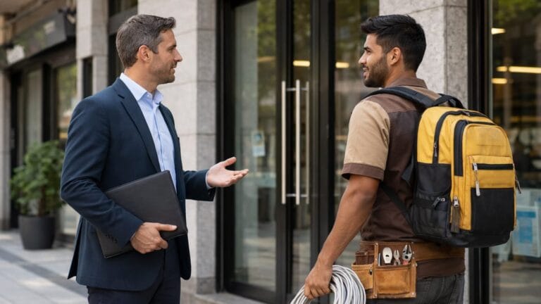 Advogado trabalhista conversa com instalador de sistemas de segurança em ambiente urbano
