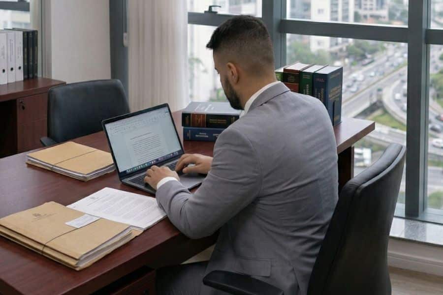 Advogado em terno cinza sentado de costas, trabalhando em notebook em mesa de madeira num escritório moderno com vista para cidade
