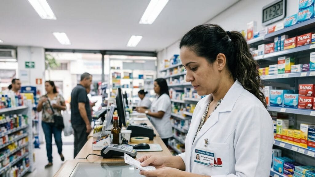 Atendente de farmácia segura holerite em pausa no balcão de drogaria de bairro