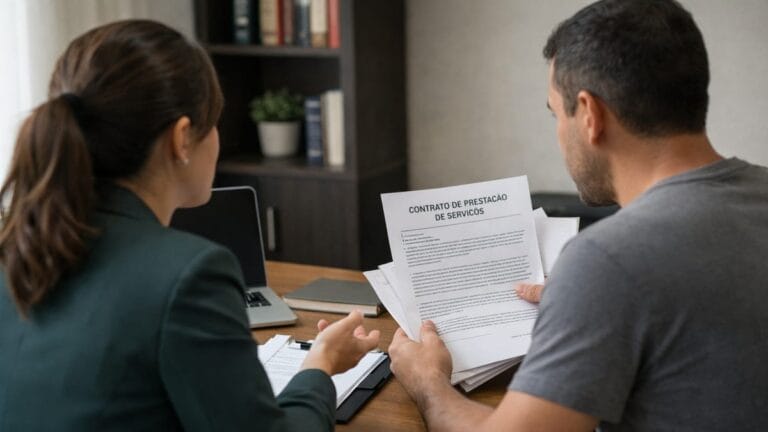 Advogada trabalhista conversa com trabalhador sobre contrato de prestação de serviços