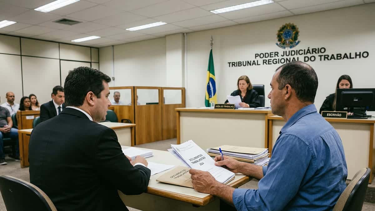 Trabalhador de camisa azul sentado ao lado de advogado em audiência na Justiça do Trabalho brasileira, segurando documentos oficiais diante da mesa do juiz