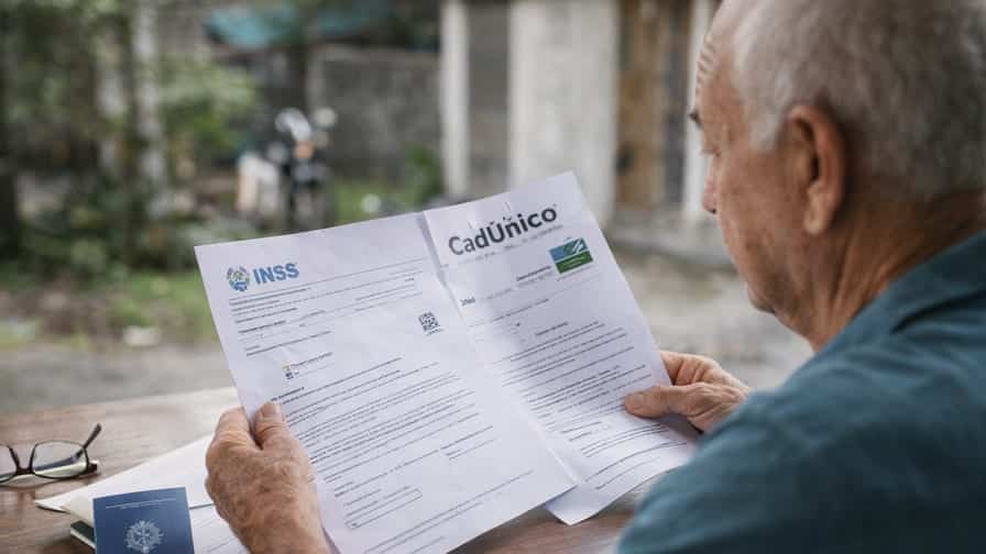 Idoso analisa documentos do INSS e CadÚnico relacionados ao BPC LOAS em mesa simples ao ar livre