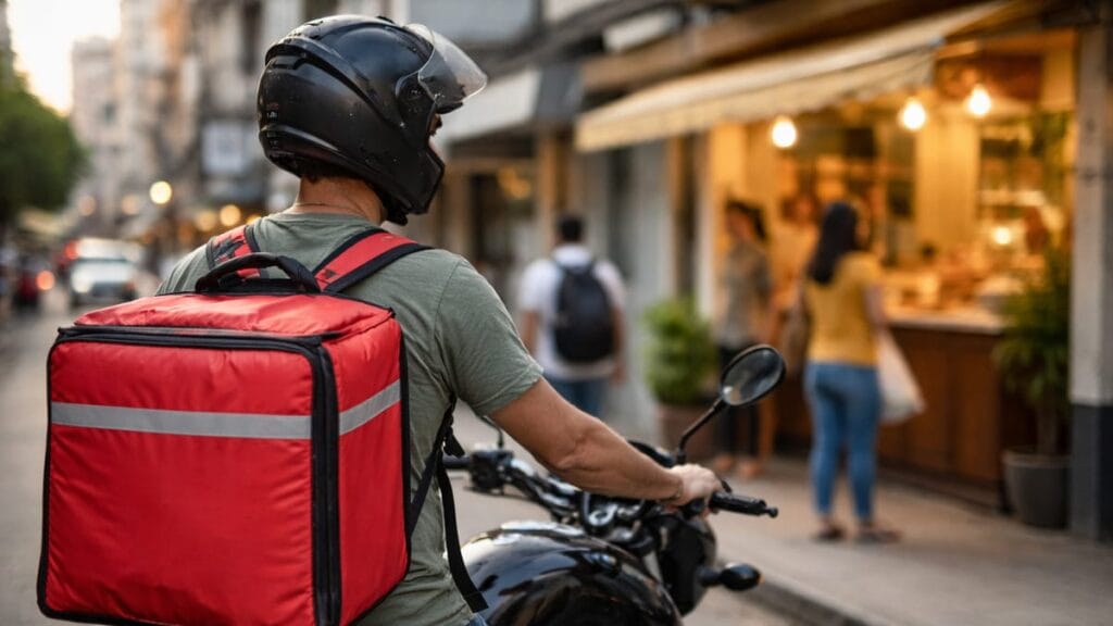 Entregador de aplicativo ao lado da moto representando trabalho como prestador de serviços