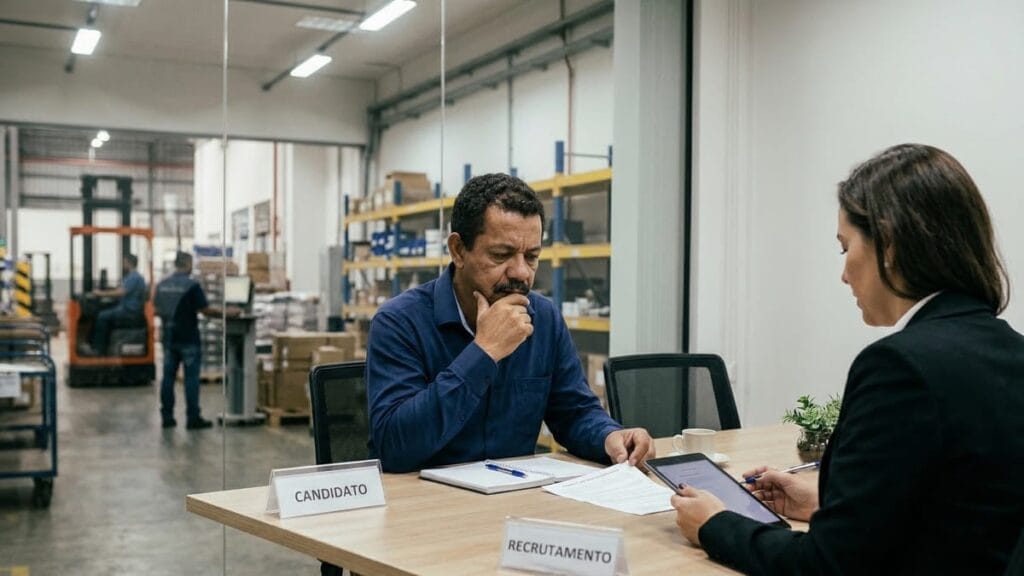 Homem em entrevista de emprego demonstra dúvida sobre condições de contratação como PJ