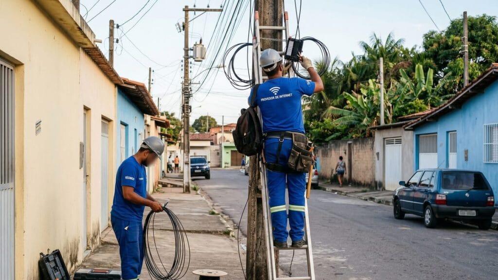Instaladores de internet trabalhando em dupla em ambiente urbano simples representando trabalho técnico cotidiano