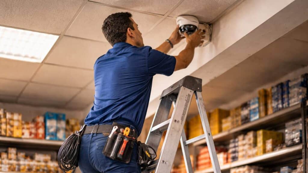 Instalador de sistemas de segurança ajusta câmera de vigilância em ambiente comercial