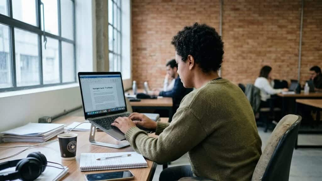 Jornalista trabalhando em computador em ambiente simples representando trabalho PJ