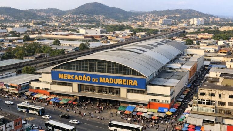 Vista aérea do Mercadão de Madureira no Rio, com comércio popular e ruas movimentadas ao redor