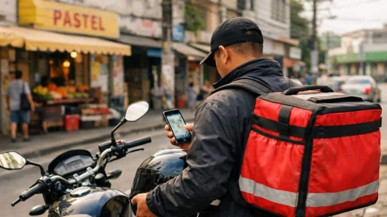 Motoboy de aplicativo parado com moto em rua urbana, mostrando rotina de trabalho PJ no Brasil