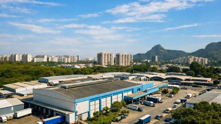 Vista aérea de área com pequenas indústrias e galpões em Jacarepaguá no Rio de Janeiro